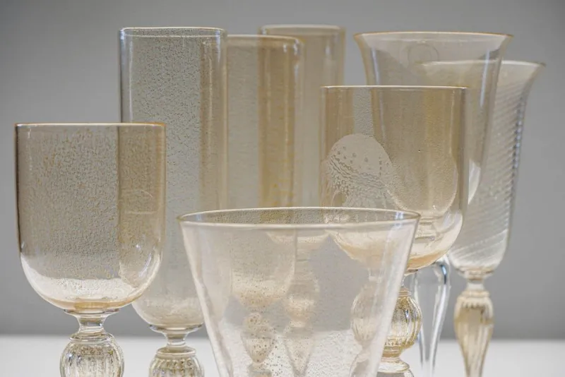 Pamono Murano Stem Glasses with Embedded Gold Leaf from Cenedese, 1950s, Set of 8> Glassware