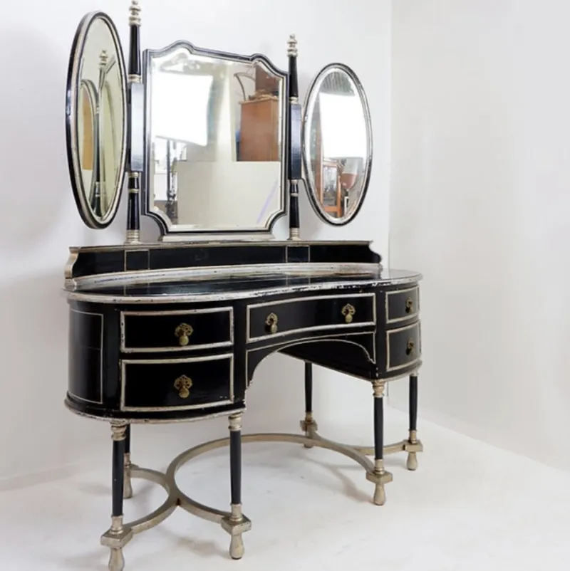 Pamono Napoleon III Dressing Table in Black Lacquered Wood and 3 Mirrors, 1960s, Set of 2> Dressing Tables