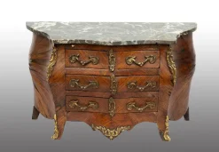 New Pamono Napoleon III Style Chest of Drawers in Exotic Fine Woods with Bardiglio Gray Marble Top, France, Early 20th Century