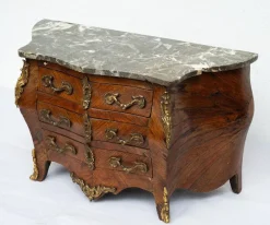 New Pamono Napoleon III Style Chest of Drawers in Exotic Fine Woods with Bardiglio Gray Marble Top, France, Early 20th Century