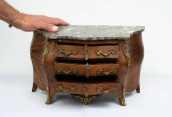 New Pamono Napoleon III Style Chest of Drawers in Exotic Fine Woods with Bardiglio Gray Marble Top, France, Early 20th Century
