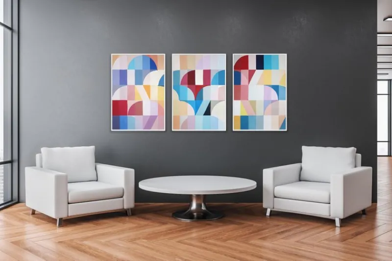 Online Pamono Natalia Roman, Colorful Shoots and Ladders Triptych, 2025, Acrylic on Watercolor Paper