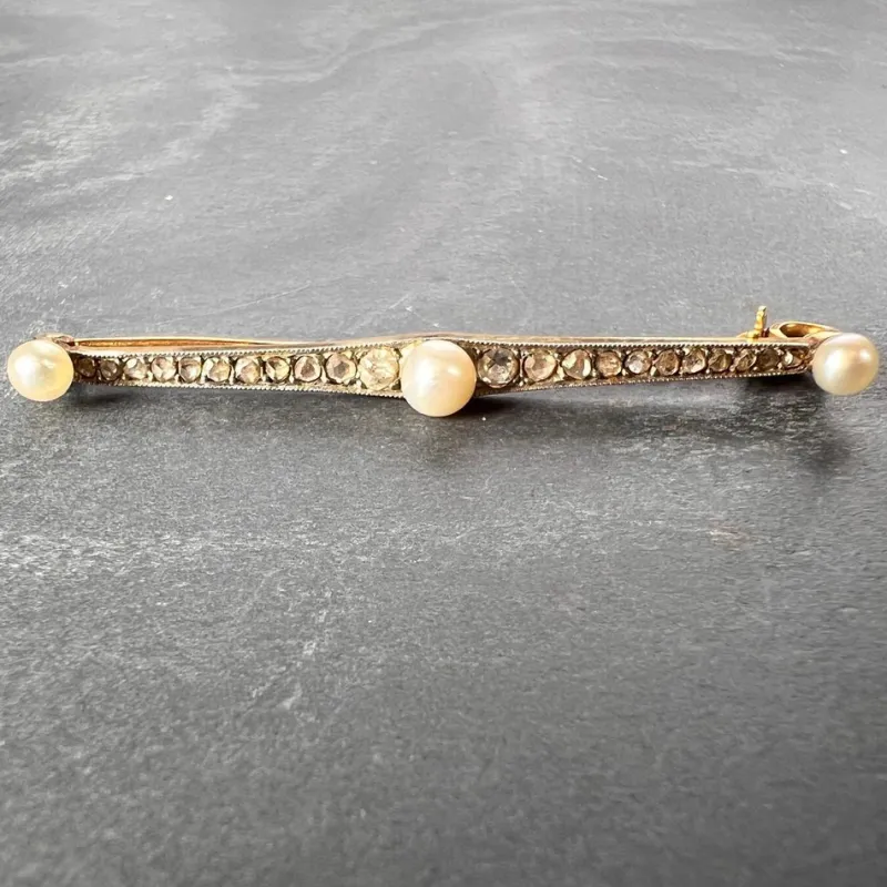 Best Pamono Natural White Pearl and Diamond 18k Yellow Gold Bar Brooch, 1890s