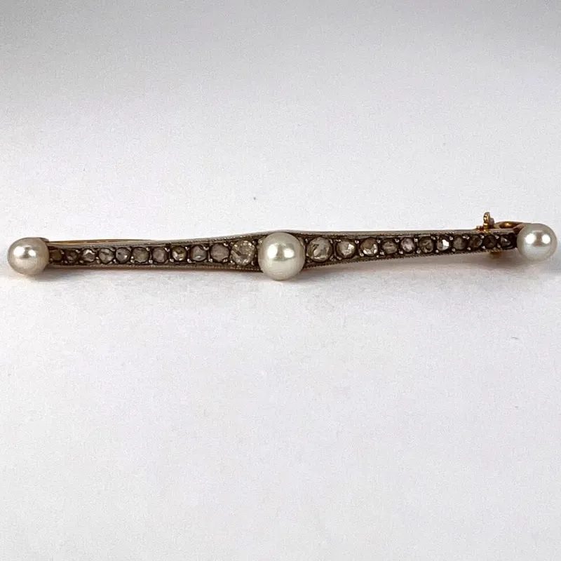Best Pamono Natural White Pearl and Diamond 18k Yellow Gold Bar Brooch, 1890s