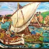 Best Pamono Naïve Style Harbour Scene with Fishing Boats, 1960s, Oil on Panel, Framed