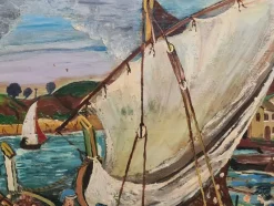 Best Pamono Naïve Style Harbour Scene with Fishing Boats, 1960s, Oil on Panel, Framed