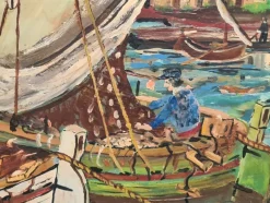 Best Pamono Naïve Style Harbour Scene with Fishing Boats, 1960s, Oil on Panel, Framed