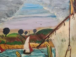 Best Pamono Naïve Style Harbour Scene with Fishing Boats, 1960s, Oil on Panel, Framed