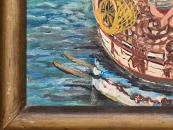 Best Pamono Naïve Style Harbour Scene with Fishing Boats, 1960s, Oil on Panel, Framed