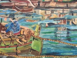 Best Pamono Naïve Style Harbour Scene with Fishing Boats, 1960s, Oil on Panel, Framed
