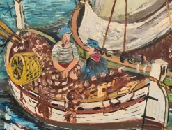 Best Pamono Naïve Style Harbour Scene with Fishing Boats, 1960s, Oil on Panel, Framed