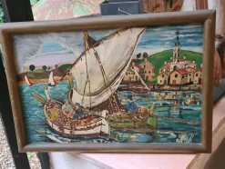 Best Pamono Naïve Style Harbour Scene with Fishing Boats, 1960s, Oil on Panel, Framed