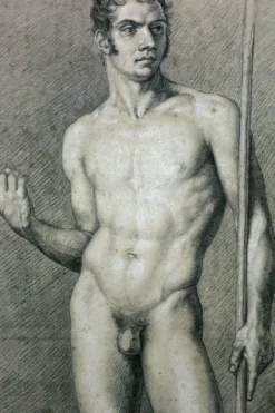 Hot Pamono Neoclassical Artist, Men's Nude Study, Early 1800s, Charcoal & Pencil on Paper, Framed