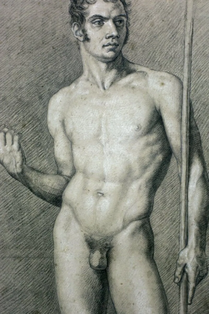 Hot Pamono Neoclassical Artist, Men's Nude Study, Early 1800s, Charcoal & Pencil on Paper, Framed