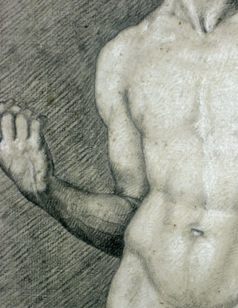 Hot Pamono Neoclassical Artist, Men's Nude Study, Early 1800s, Charcoal & Pencil on Paper, Framed