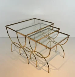 Pamono Neoclassical Brass Nesting Tables, Set of 3><noscript><img width=