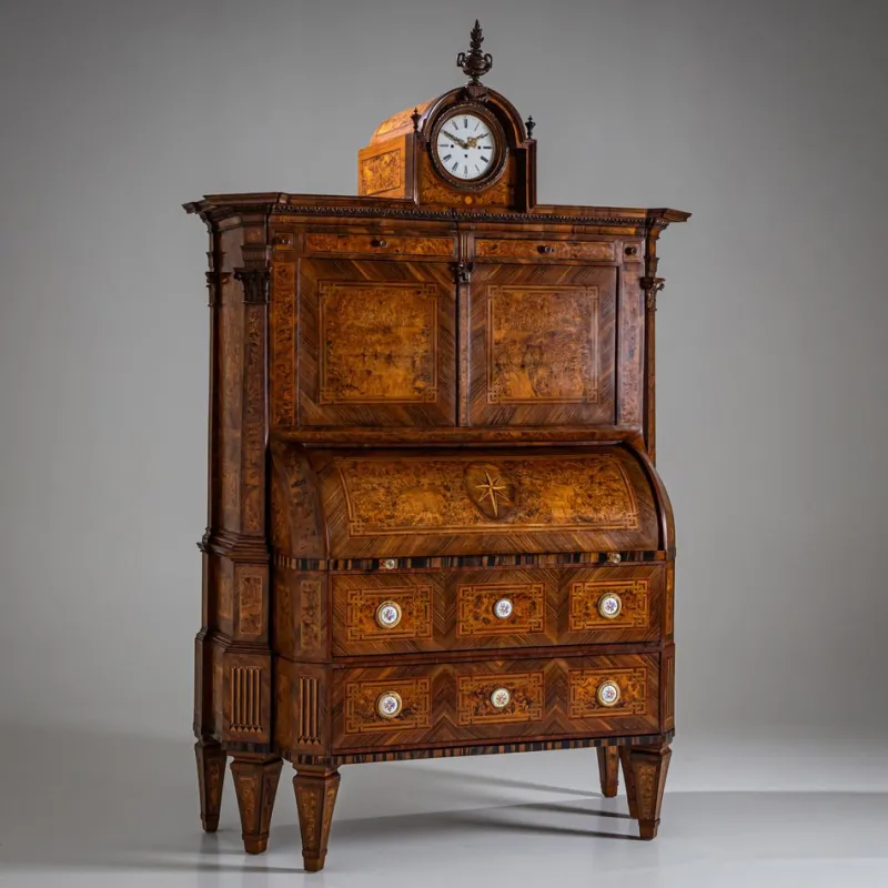 Pamono Neoclassical Cylinder Secretaire Desk with Clock, 1780> Secretaires