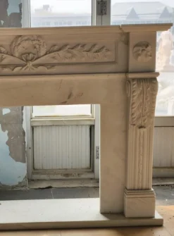 New Pamono Neoclassical Hand-Carved White Marble Fireplace Mantle with Laurel and Rosette