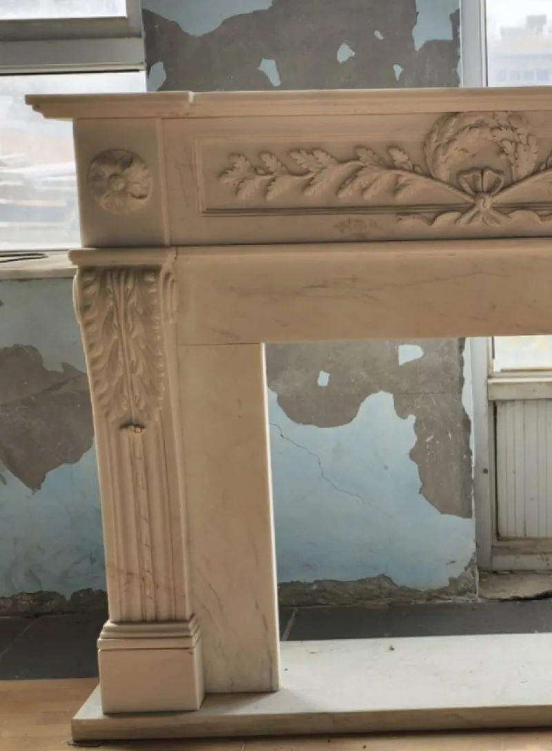 New Pamono Neoclassical Hand-Carved White Marble Fireplace Mantle with Laurel and Rosette