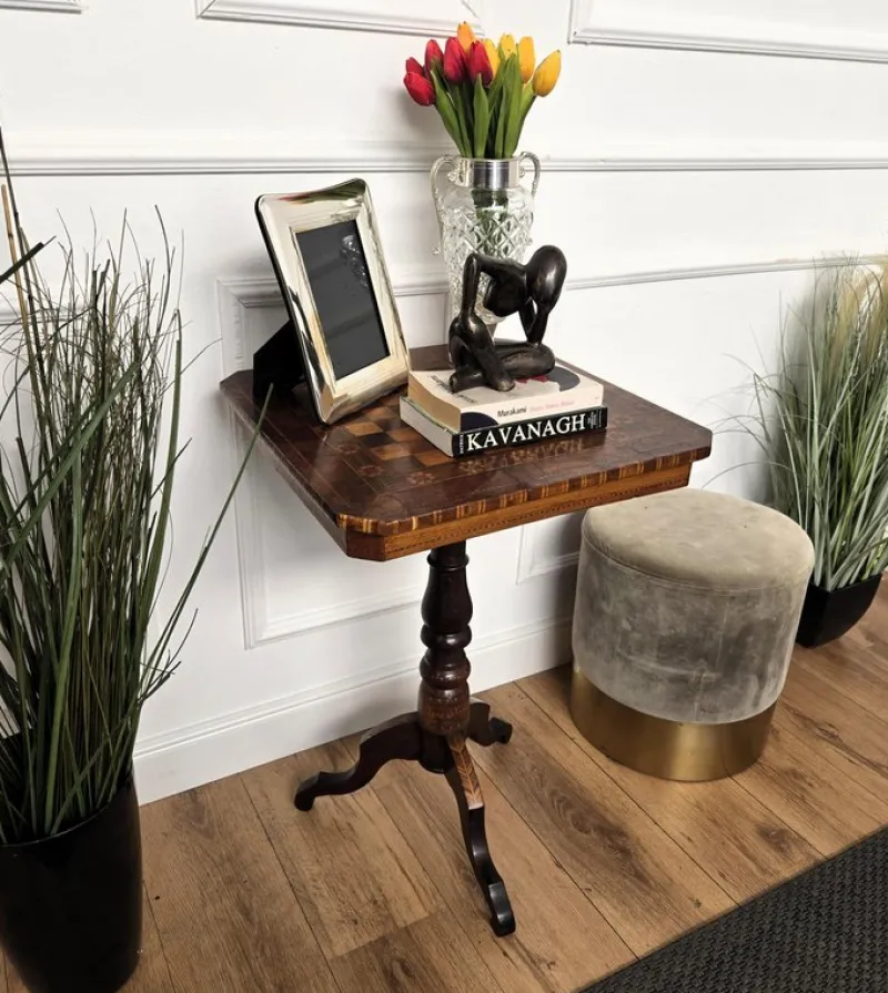 New Pamono Neoclassical Italian Walnut Inlay Tripod Game Table, 1950s