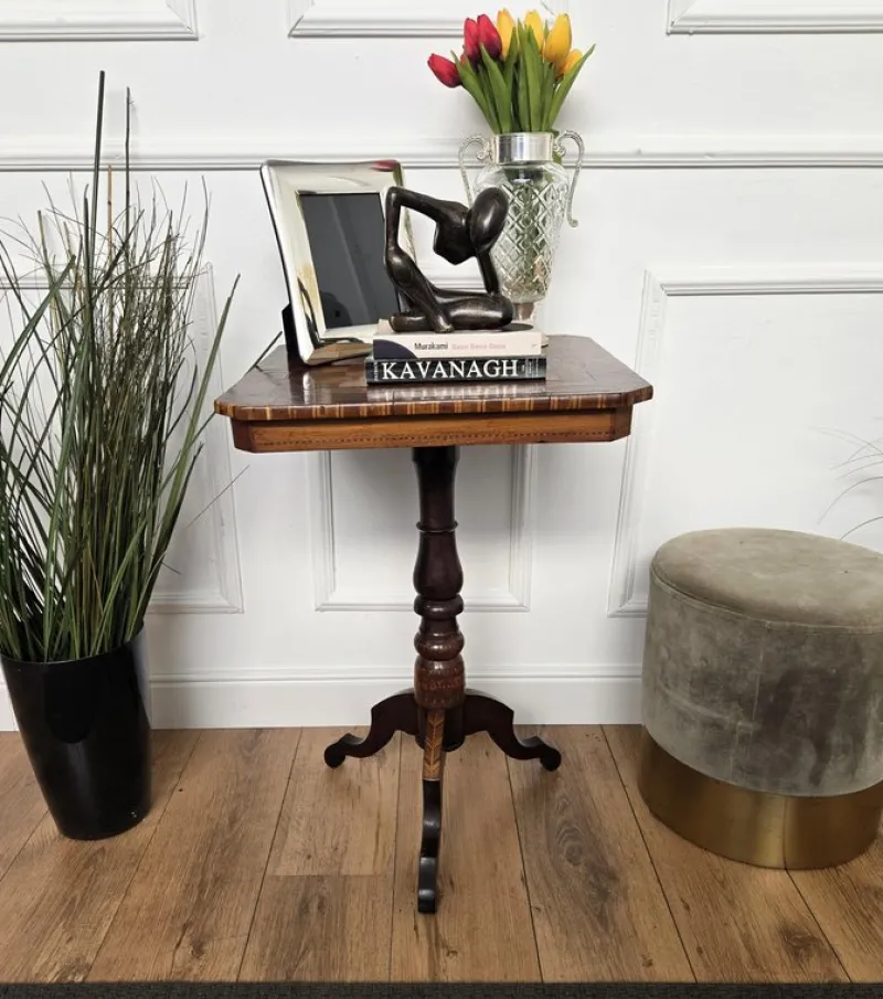New Pamono Neoclassical Italian Walnut Inlay Tripod Game Table, 1950s