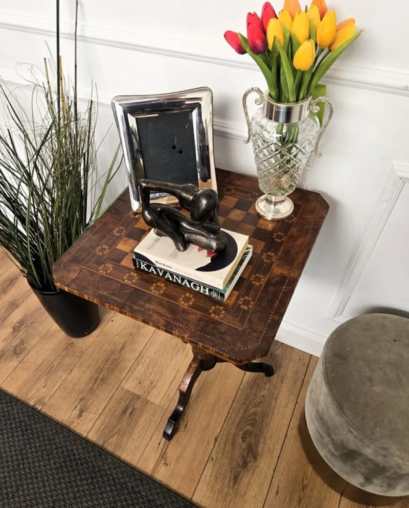 New Pamono Neoclassical Italian Walnut Inlay Tripod Game Table, 1950s