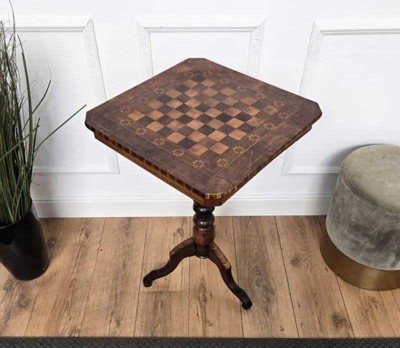 New Pamono Neoclassical Italian Walnut Inlay Tripod Game Table, 1950s