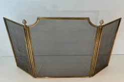 Pamono Neoclassical Style Fire Screen in Brushed Steel, Brass and Mesh in the style of Maison Jansen, 1940s> Fireplaces And Mantels