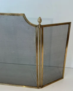 Pamono Neoclassical Style Fire Screen in Brushed Steel, Brass and Mesh in the style of Maison Jansen, 1940s><noscript><img width=