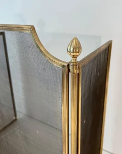 Pamono Neoclassical Style Fire Screen in Brushed Steel, Brass and Mesh in the style of Maison Jansen, 1940s><noscript><img width=