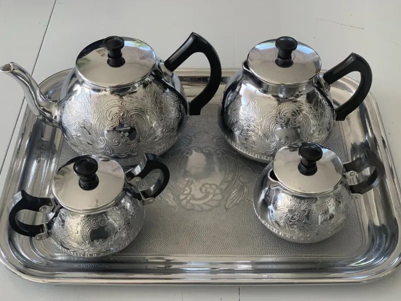 Pamono Nickel-Plated Aluminum Coffee Set, 1970s, Set of 5> Coffee & Tea Service