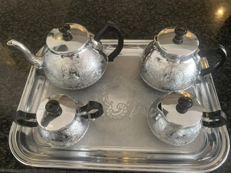 Pamono Nickel-Plated Aluminum Coffee Set, 1970s, Set of 5> Coffee & Tea Service