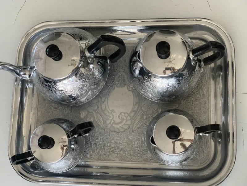 Pamono Nickel-Plated Aluminum Coffee Set, 1970s, Set of 5> Coffee & Tea Service