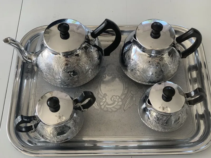 Pamono Nickel-Plated Aluminum Coffee Set, 1970s, Set of 5> Coffee & Tea Service