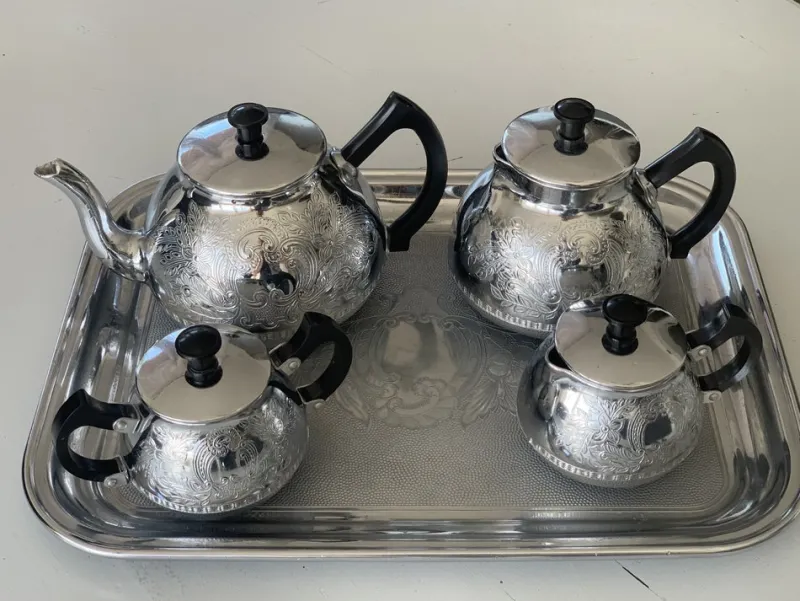 Pamono Nickel-Plated Aluminum Coffee Set, 1970s, Set of 5> Coffee & Tea Service