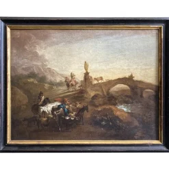 Hot Pamono Nicolaes Berchem, Paesaggio Latino con Viandanti e Armenti, 1600s, Oil on Canvas, Framed
