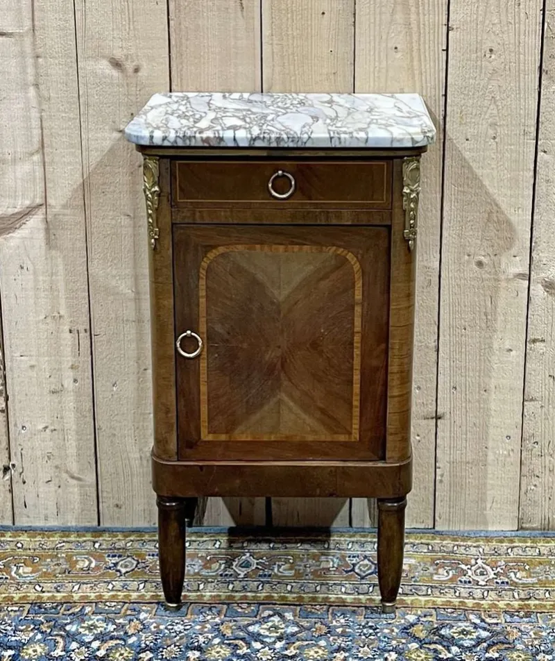 Pamono Nightstand in Marquetry and White Marble, Early 20th Century> Nightstands