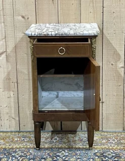 Pamono Nightstand in Marquetry and White Marble, Early 20th Century> Nightstands