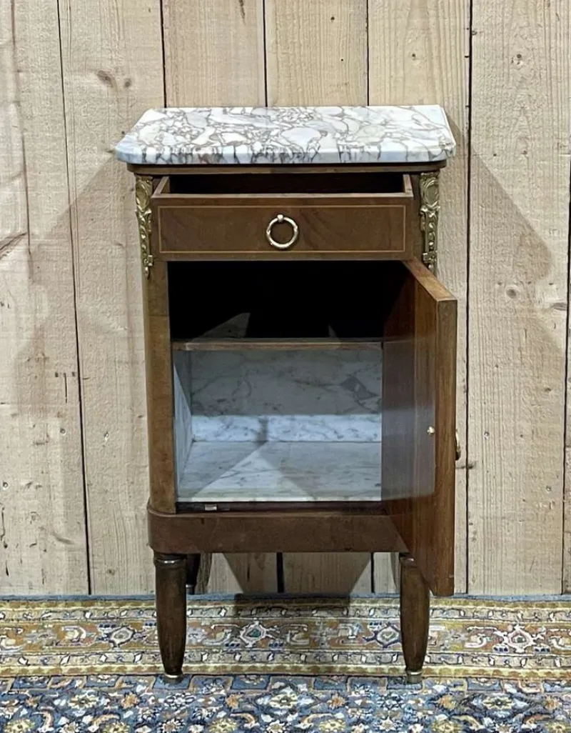 Pamono Nightstand in Marquetry and White Marble, Early 20th Century> Nightstands