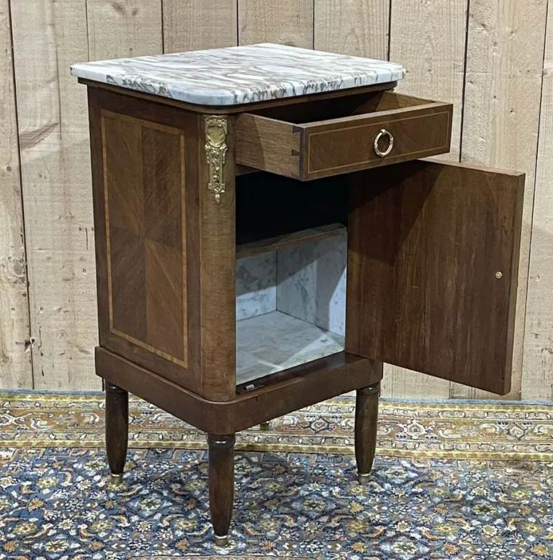 Pamono Nightstand in Marquetry and White Marble, Early 20th Century> Nightstands