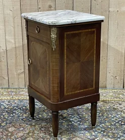 Pamono Nightstand in Marquetry and White Marble, Early 20th Century><noscript><img width=