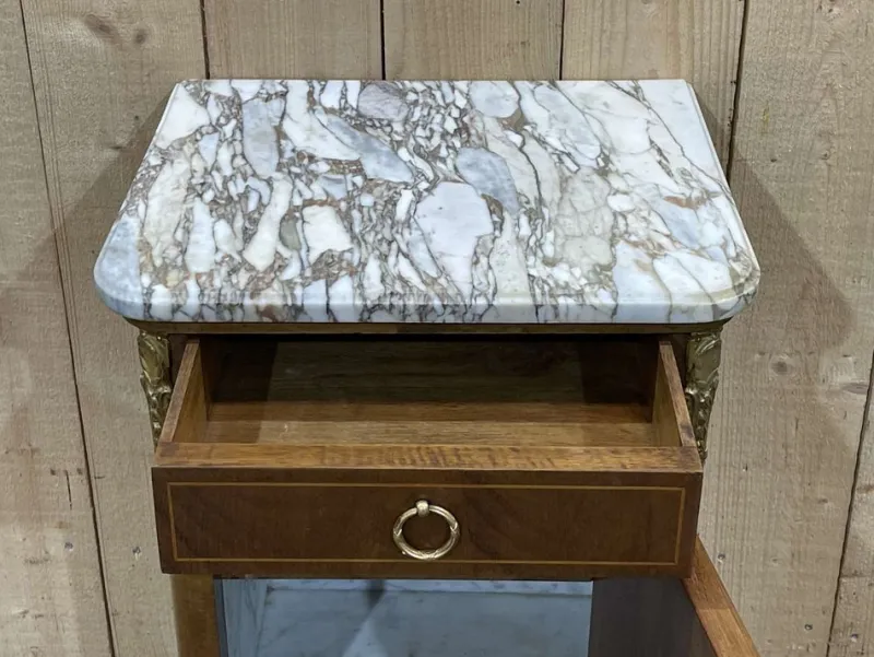 Pamono Nightstand in Marquetry and White Marble, Early 20th Century> Nightstands