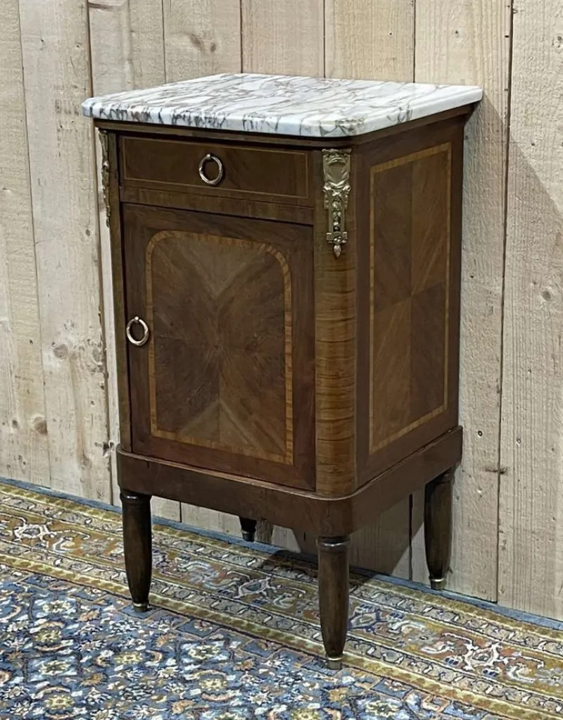 Pamono Nightstand in Marquetry and White Marble, Early 20th Century> Nightstands