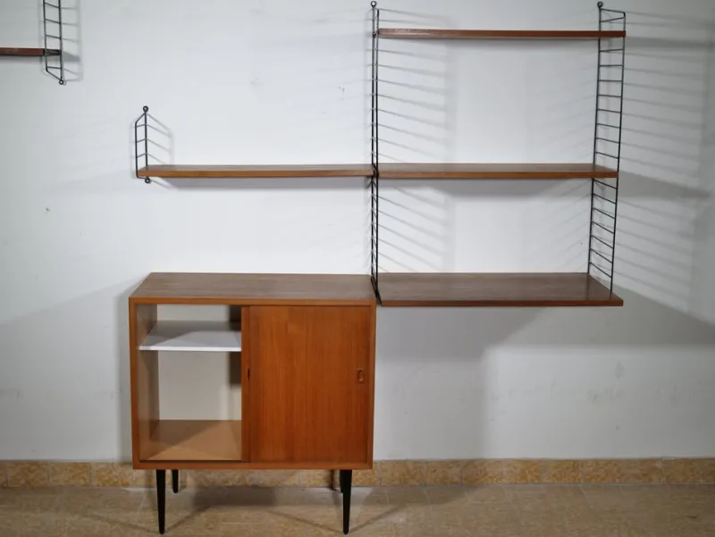 Pamono Nisse String Wall Shelf with Sideboard Made of Nut Wood by Kajsa & Nils Strinning, 1960 from String, Set of 8> Shelves & Wall Units