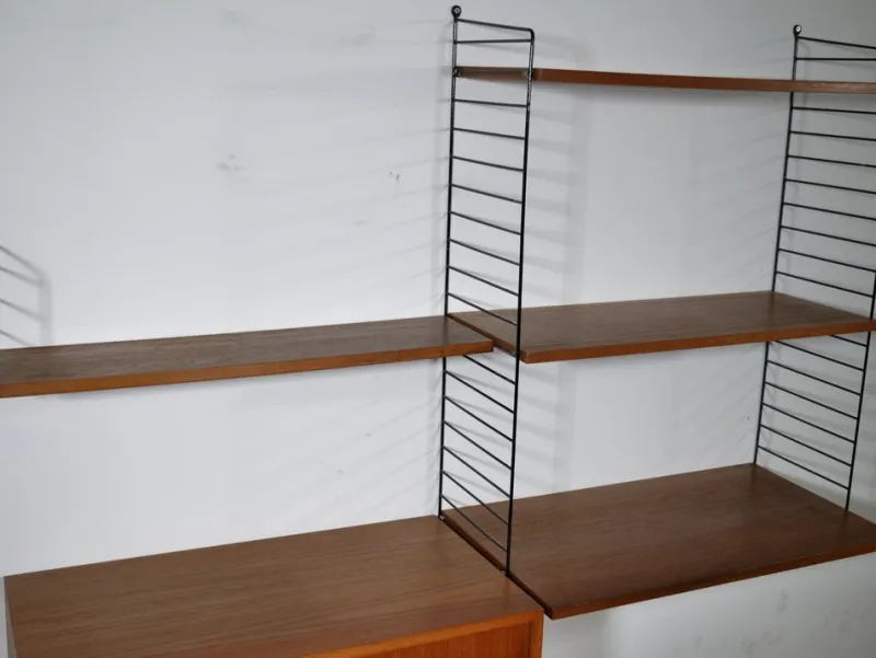 Pamono Nisse String Wall Shelf with Sideboard Made of Nut Wood by Kajsa & Nils Strinning, 1960 from String, Set of 8> Shelves & Wall Units