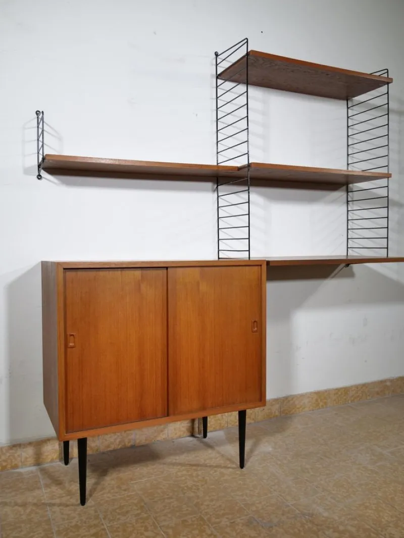 Pamono Nisse String Wall Shelf with Sideboard Made of Nut Wood by Kajsa & Nils Strinning, 1960 from String, Set of 8> Shelves & Wall Units