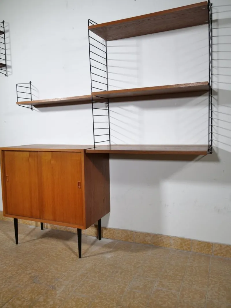 Pamono Nisse String Wall Shelf with Sideboard Made of Nut Wood by Kajsa & Nils Strinning, 1960 from String, Set of 8> Shelves & Wall Units