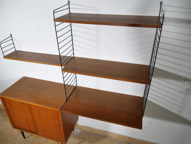 Pamono Nisse String Wall Shelf with Sideboard Made of Nut Wood by Kajsa & Nils Strinning, 1960 from String, Set of 8> Shelves & Wall Units
