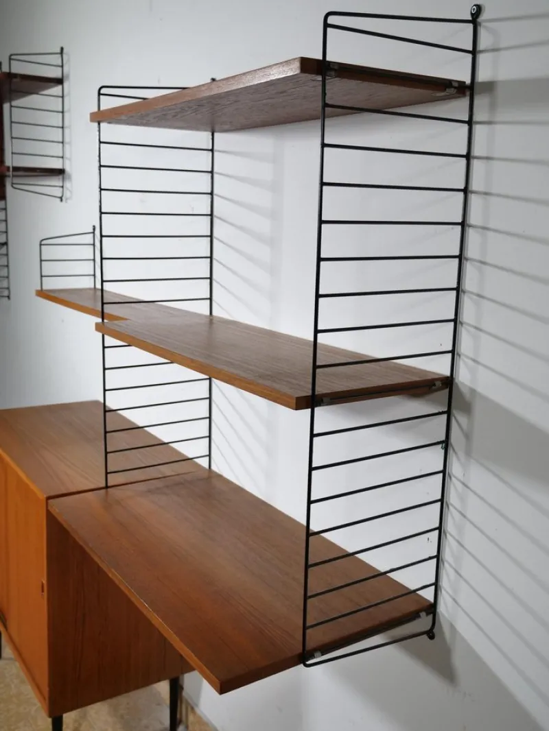 Pamono Nisse String Wall Shelf with Sideboard Made of Nut Wood by Kajsa & Nils Strinning, 1960 from String, Set of 8> Shelves & Wall Units