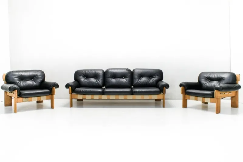 Pamono Oak and Leather Africa Armchairs and Sofa by Esko Pajamies for Asko Oy, 1970s, Set of 3> Living Room Sets